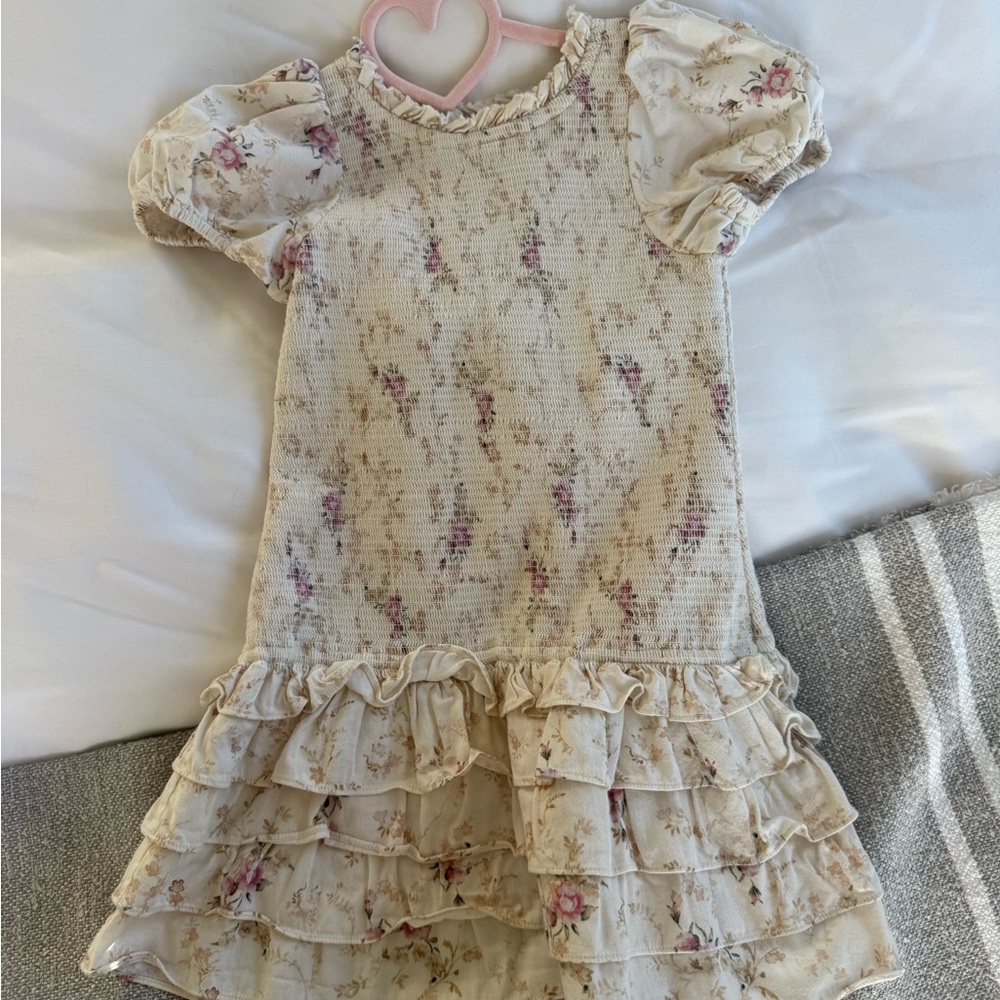 LoveShackFancy Cream and Pink Floral Ruffle Dress